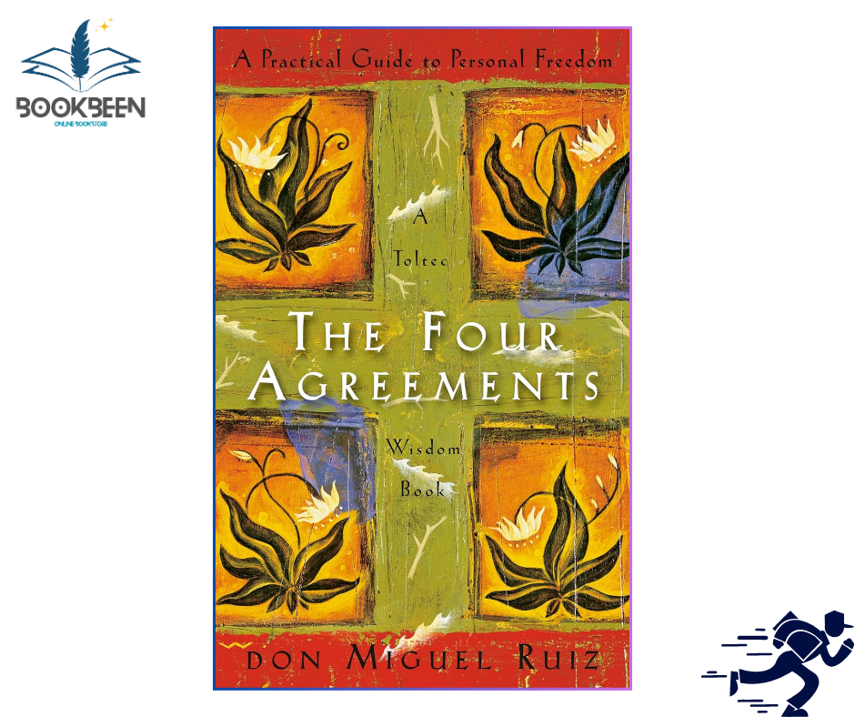 Book cover of 'The Four Agreements' by Don Miguel Ruiz with abstract floral design and Bookbeen logo.