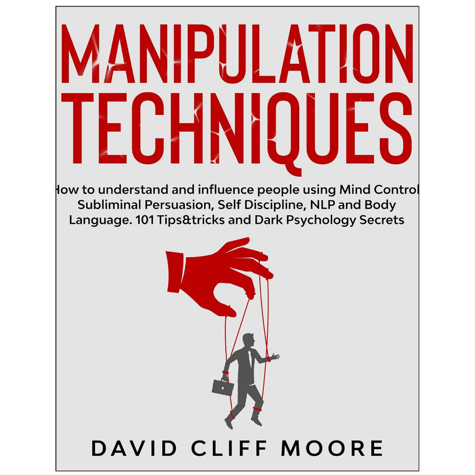 Book cover for 'Manipulation Techniques' by David Cliff Moore, featuring a light gray background with bold red title text, black subtitle text, a red hand puppet graphic, and the author's name in black at the bottom.