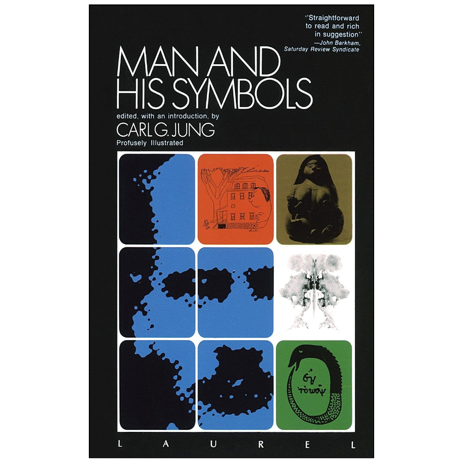 Book cover of 'Man and His Symbols' edited by Carlg Jung, featuring a black background with white title text and a grid of nine abstract color blocks in blue, orange, green, black, and white.