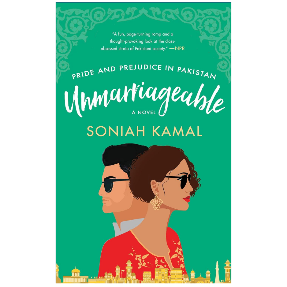 Book cover for the novel 'Unmarriageable: Pride and Prejudice in Pakistan' by Soniah Kamal, featuring a bright green background with stylized illustrations of a man and woman in profile at the bottom.