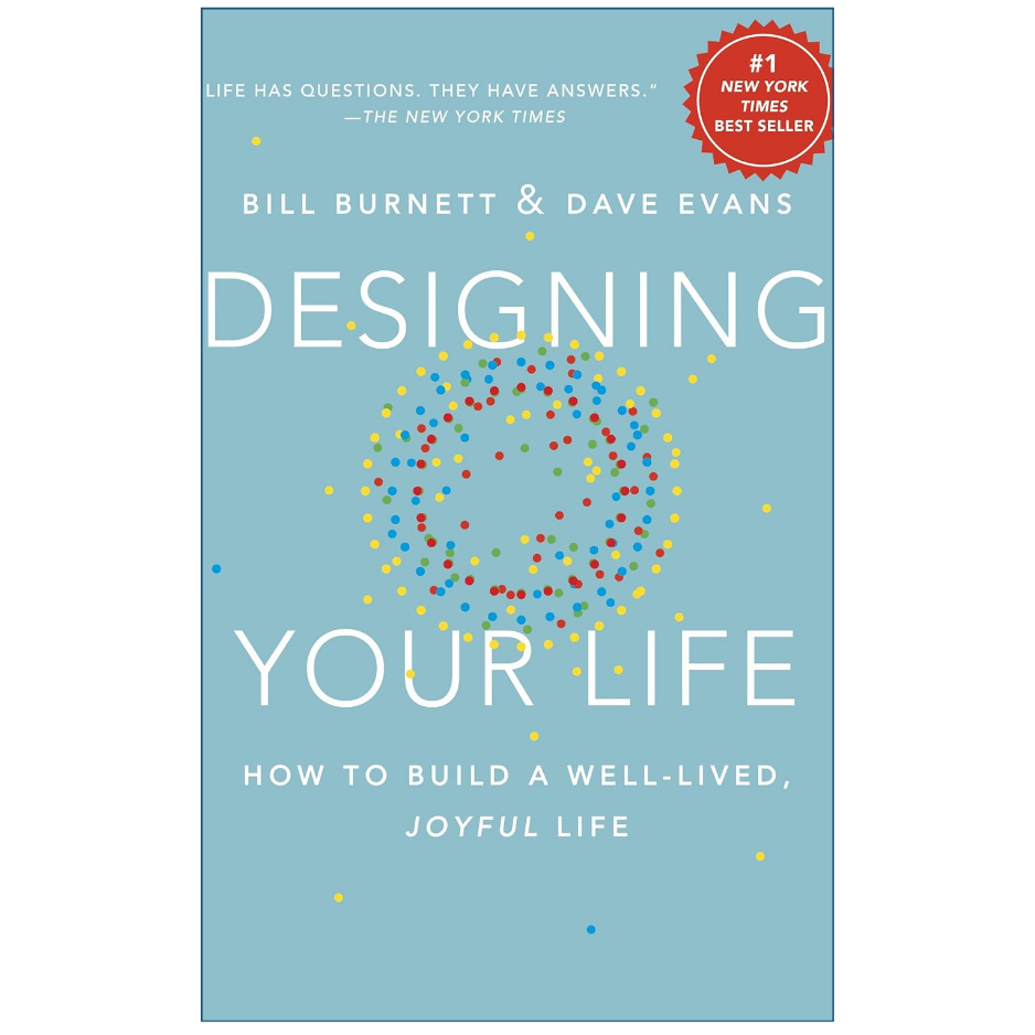 Book cover of 'Designing Your Life' by Bill Burnett and Dave Evans, featuring a light blue background with a colorful dotted heart design in the center and a red '#1 New York Times Best Seller' badge at the top right.