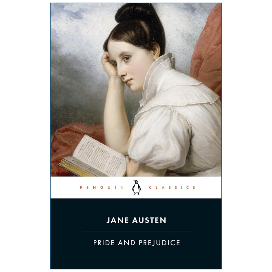 Penguin Classics edition of Jane Austen's Pride and Prejudice book cover, featuring a portrait of Elizabeth Bennet from the novel above a dark navy blue title block.
