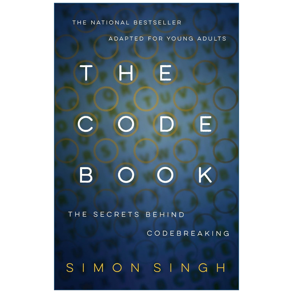 The Code Book: The Secrets Behind Codebreaking by Simon Singh, featuring a dark blue cover with white title text and gold-accented circular patterns.