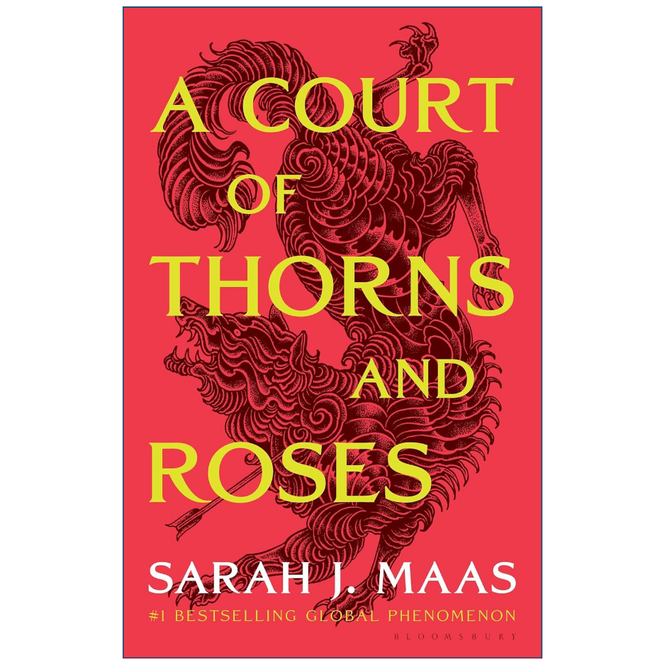 Book cover for 'A Court of Thorns and Roses' by Sarah J. Maas, featuring a red background with a dark red dragon illustration and large yellow title text.