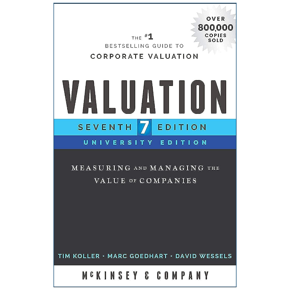 Front cover of the book Valuation: Seventh 7 Edition University Edition by McKinsey & Company, with a white top section, large dark gray title text, a bright blue band, and a dark gray lower section.