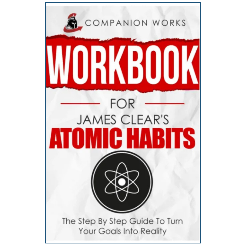 Workbook cover for 'Workbook for James Clear's Atomic Habits' by Companion Works, featuring a white crumpled-paper background with bold red and black text and a black atom icon.