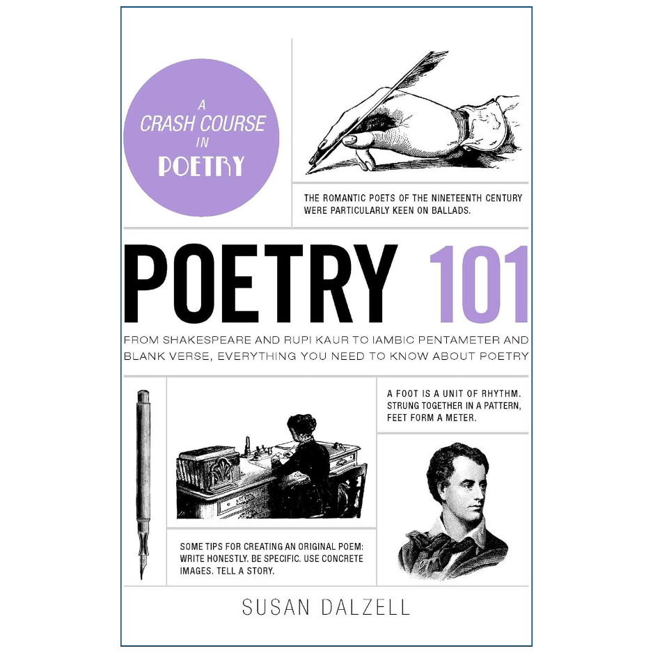 Book cover for 'Poetry 101' by Susan Dalzell, featuring a white background with black text, a purple circular badge reading 'A Crash Course in Poetry,' and black-and-white illustrations of a hand holding a quill, a pen, and a portrait.