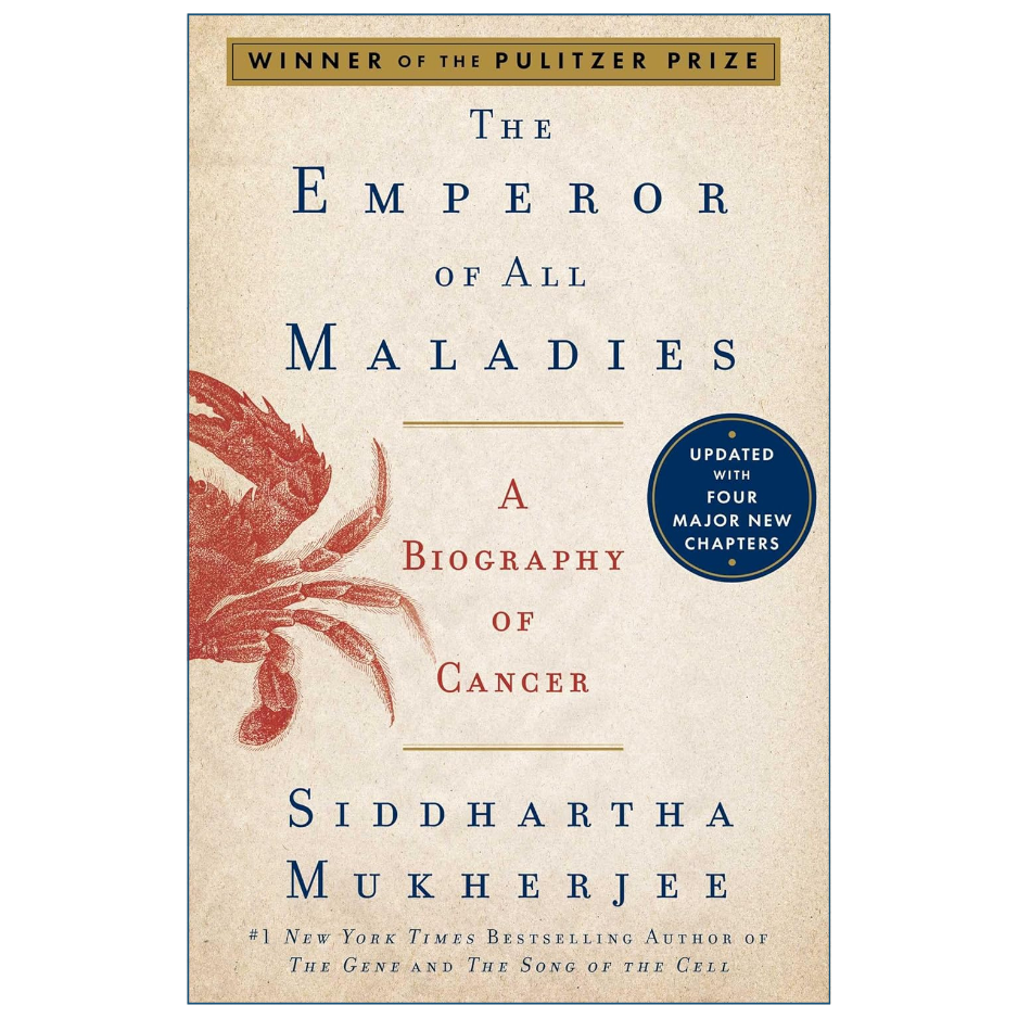 Book cover of 'The Emperor of All Maladies: A Biography of Cancer' by Siddhartha Mukherjee, featuring a beige background, blue serif title text, a red crab illustration, and a blue circular badge.