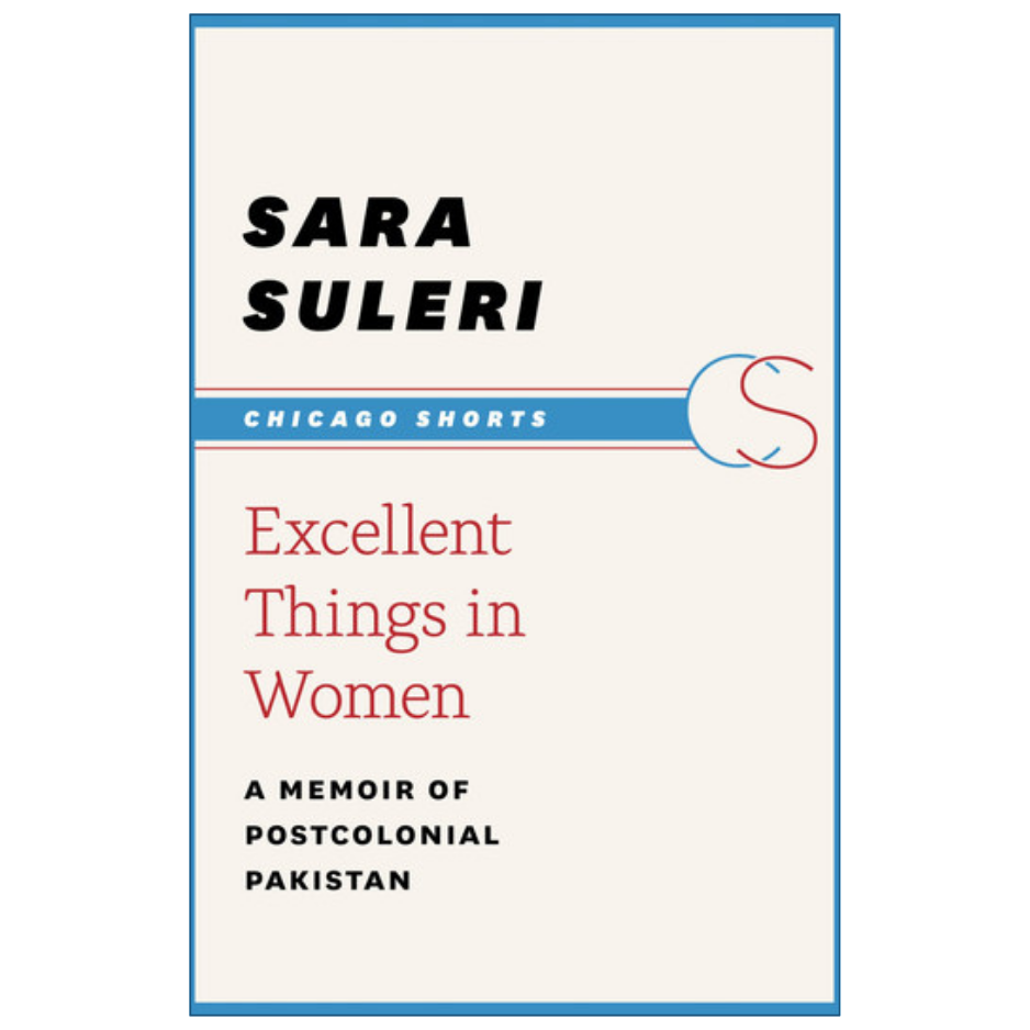 Book cover for 'Excellent Things in Women' by Sara Suleri, featuring a cream background with black and red text and blue border accents.