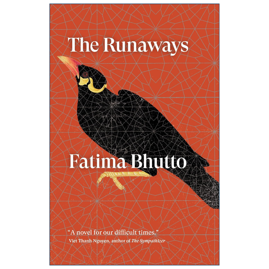 Book cover for 'The Runaways' by Fatima Bhutto, featuring a black bird with yellow accents on a red-orange background with a spiderweb pattern.