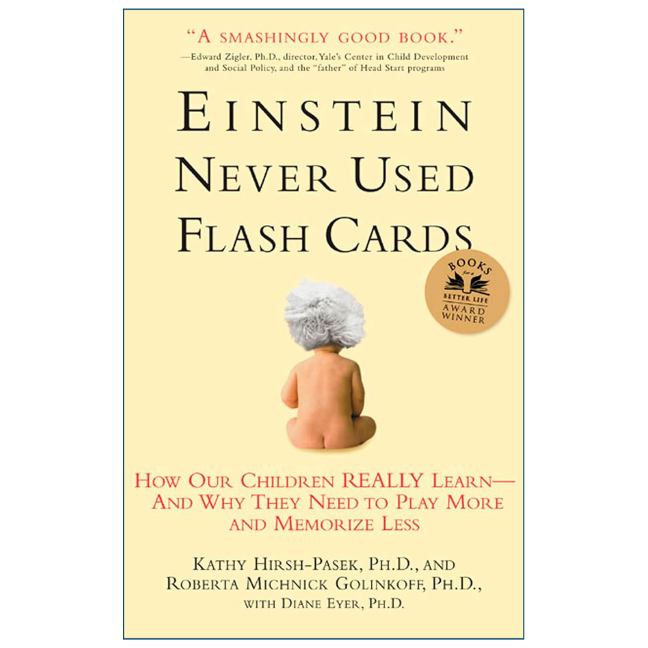 Book cover of 'Einstein Never Used Flash Cards' on a pale yellow background, featuring a small child's back with gray hair, black and red text, and a gold 'Book of the Month Award Winner' seal.