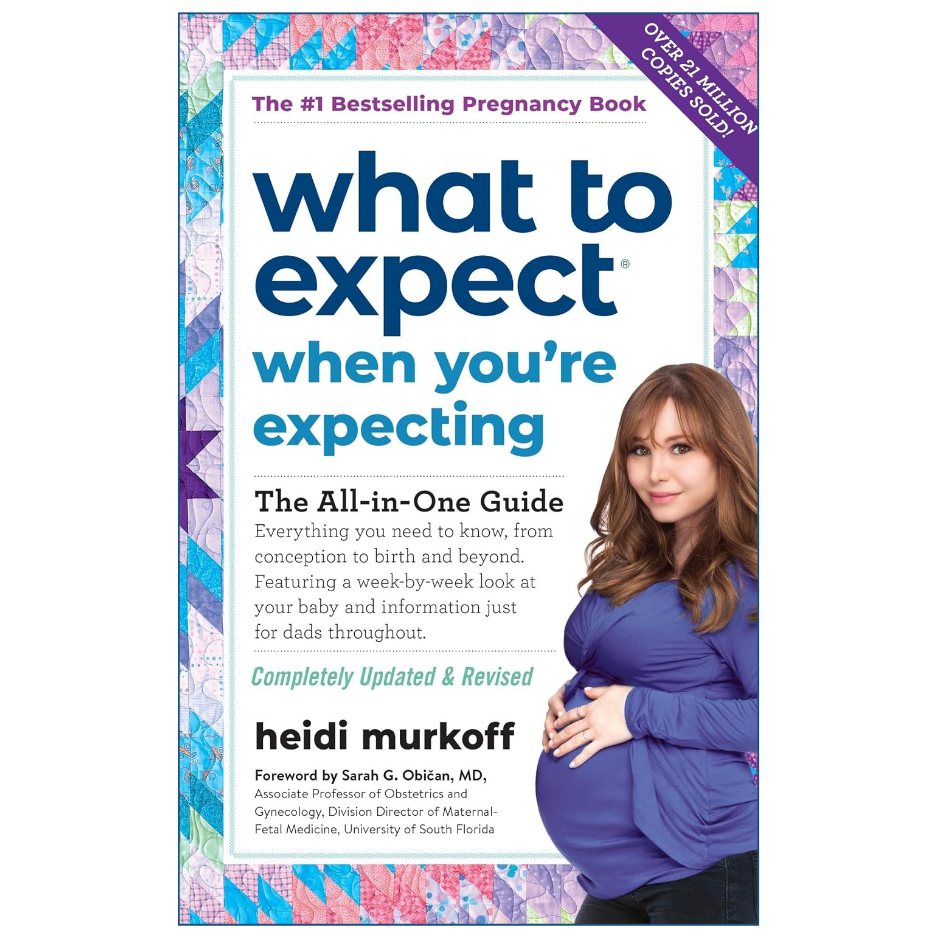Front cover of the book 'What to Expect When You're Expecting' by Heidi Murkoff, featuring a white center with large blue and teal title text, a colorful quilt-pattern border, and a photo of a pregnant woman on the right.