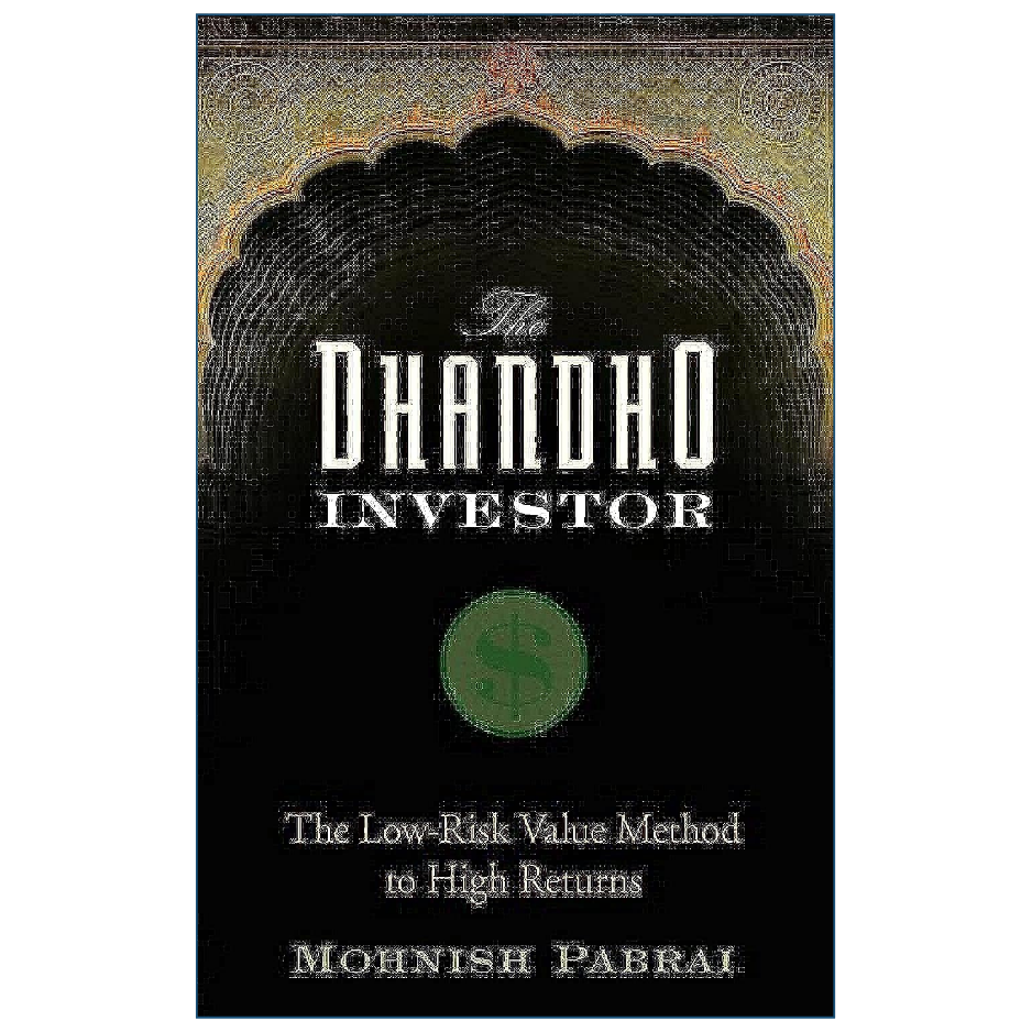 Book cover of 'The Dhandho Investor' by Mohnish Pabrai, featuring a black background with a large ornate arch design in dark gold and a green dollar sign emblem.
