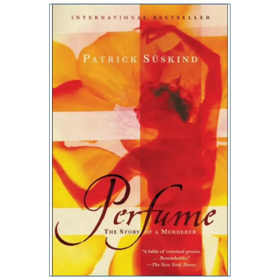 Book cover of the international bestseller 'Perfume: The Story of a Murder' by Patrick Süskind, featuring a warm-toned abstract design with orange, yellow, and red tones and a cursive title.