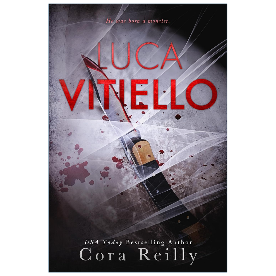 Book cover for 'Luca Vitiello' by Cora Reilly, featuring a knife with a bloody blade wrapped in white cord against a dark gray background with red blood splatters.