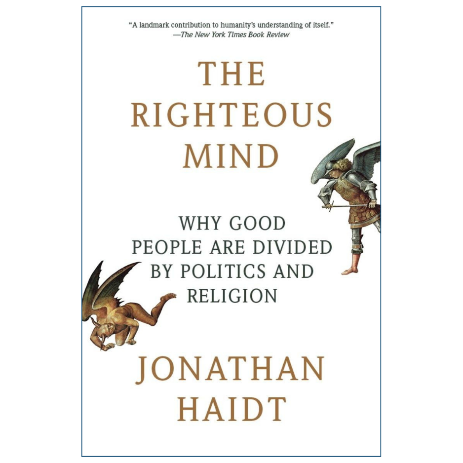 Book cover of 'The Righteous Mind' by Jonathan Haidt, featuring a white background with brown and black text and two small winged creature illustrations.