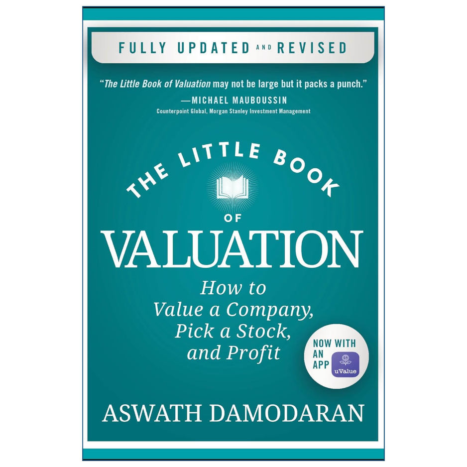 The Little Book of Valuation paperback book cover by Aswath Damodaran, featuring a teal background with white text and a circular badge indicating it is now with an Apple iPhone app.