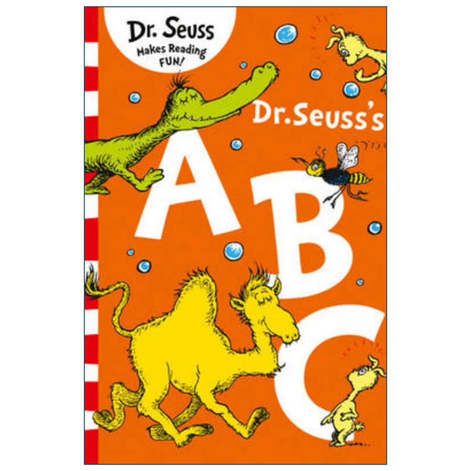 Front cover of the children's book Dr. Seuss's ABC, featuring a bright orange background with large white letters A, B, and C, illustrated animals including a camel, bird, bee, and fish, and the text 'Dr.