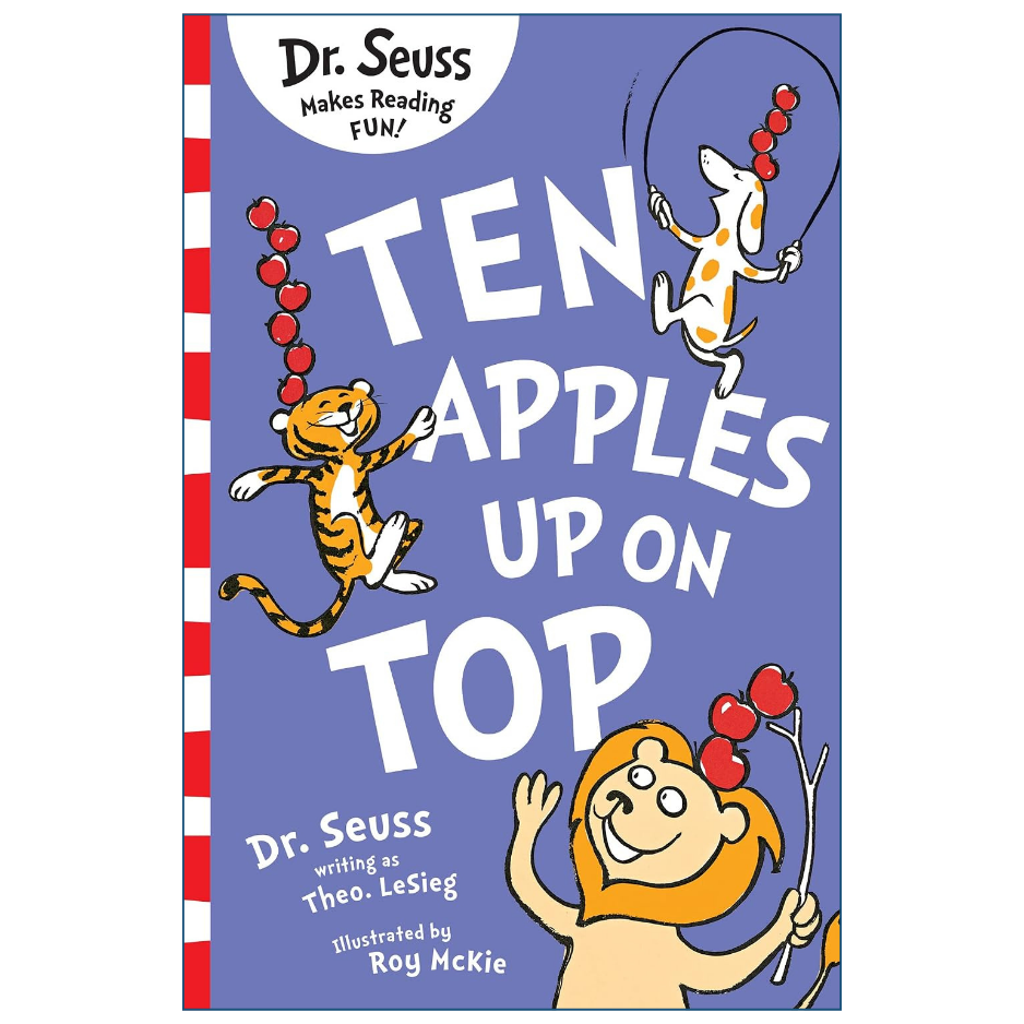 Front cover of the children's book 'Ten Apples Up on Top' by Dr. Seuss, featuring a purple background with white title text and cartoon illustrations of a dog, tiger, and lion holding red apples.