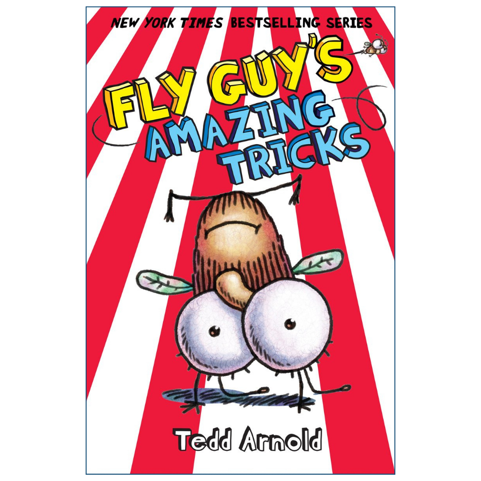 Book cover for 'Fly Guy's Amazing Tricks' by Tedd Arnold, featuring a red and white striped circus-style background with a cartoon fly character and bold yellow and blue title text.