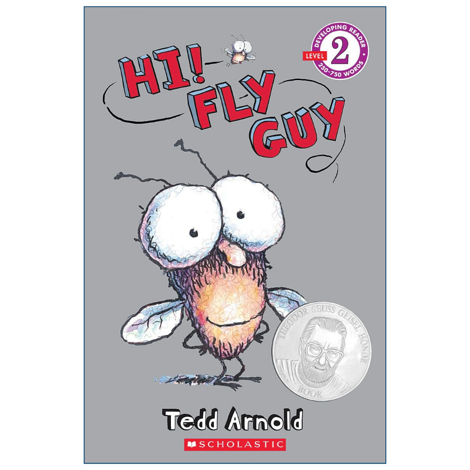 Front cover of the children's book 'Hi! Fly Guy' by Tedd Arnold, published by Scholastic. The cover features a gray background with a colorful illustration of the character Fly Guy, red title text, and a silver Millennium Prize Book seal.