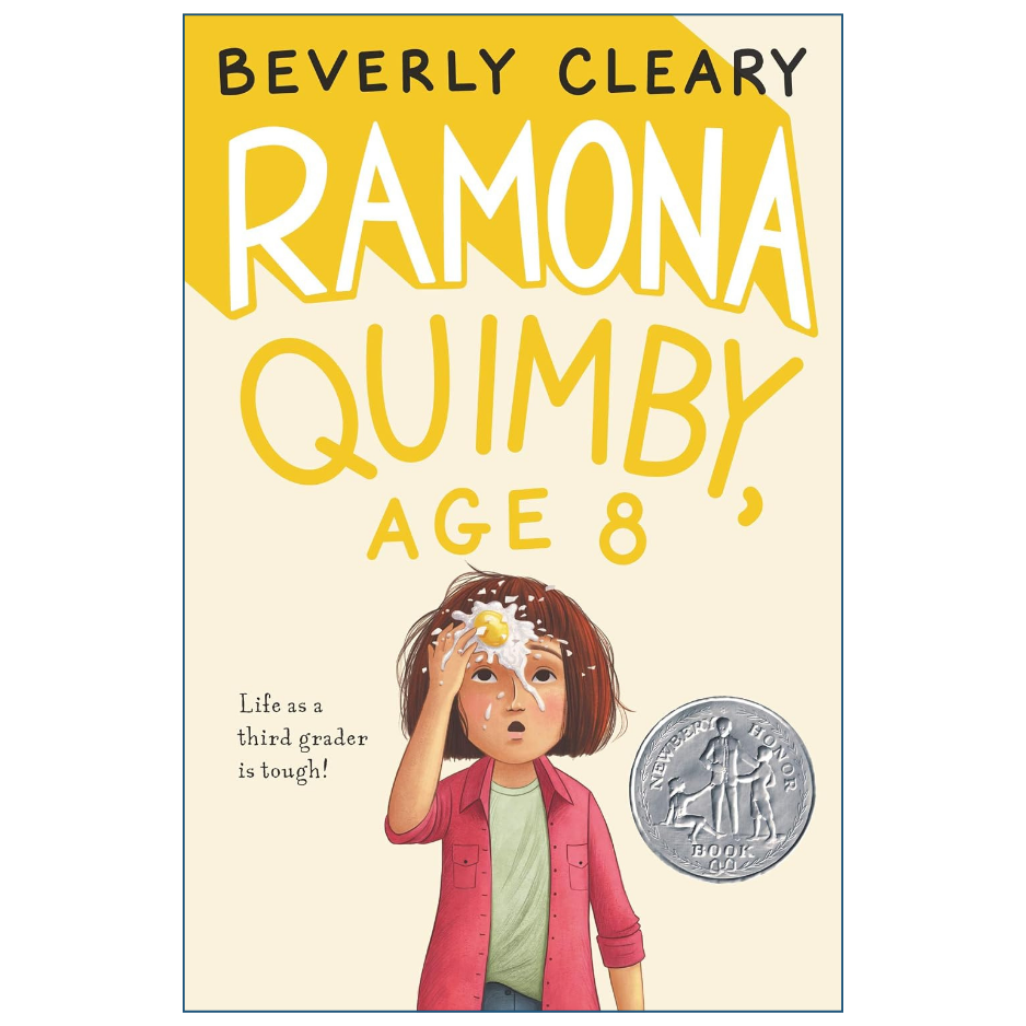 Book cover for 'Ramona Quimby, Age 8' by Beverly Cleary, featuring an illustration of Ramona with a daisy on her head and a silver Medal for Readiness award seal on a cream background.