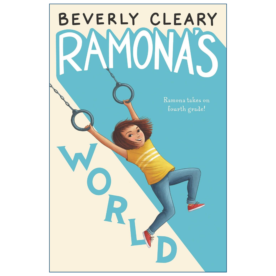 Book cover for 'Ramona's World' by Beverly Cleary, featuring an illustration of Ramona hanging from gymnastic rings against a split cream and light blue background.