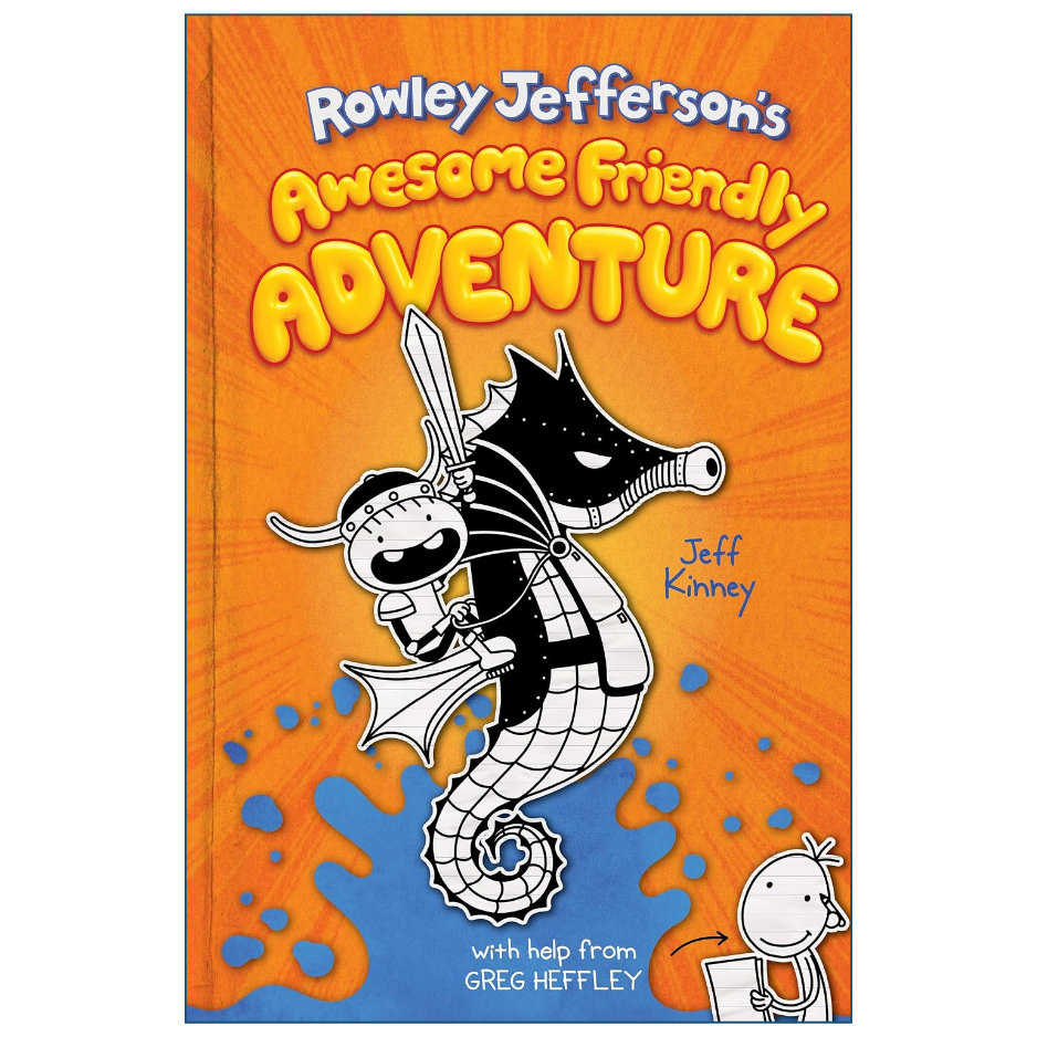 Front cover of the children's book 'Rowley Jefferson's Awesome Friendly Adventure' by Jeff Kinney, featuring a bright orange background with blue splashes, a black-and-white seahorse illustration, and cartoon characters.