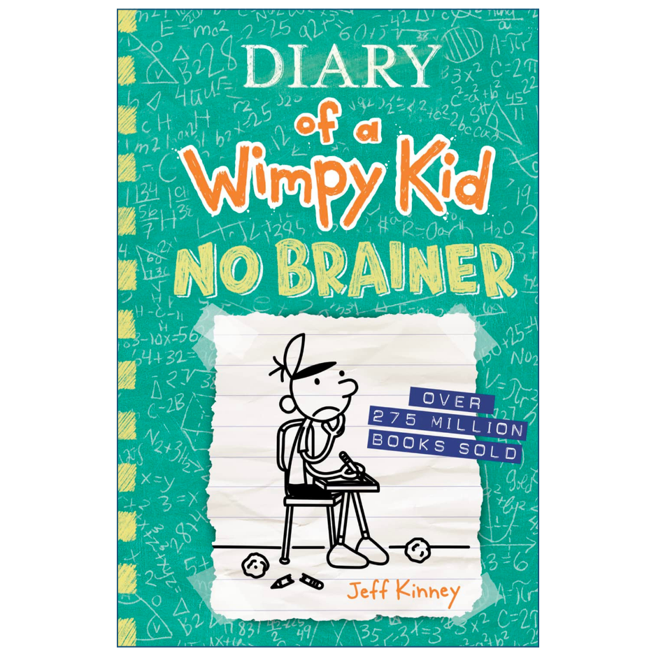 Front cover of the book 'Diary of a Wimpy Kid: No Brainer' by Jeff Kinney, shown against a plain white background. The cover features a teal background filled with white chalk-style math equations, large orange and yellow title text, and a cartoon drawing of a boy sitting at a desk with a torn white paper panel overlay.