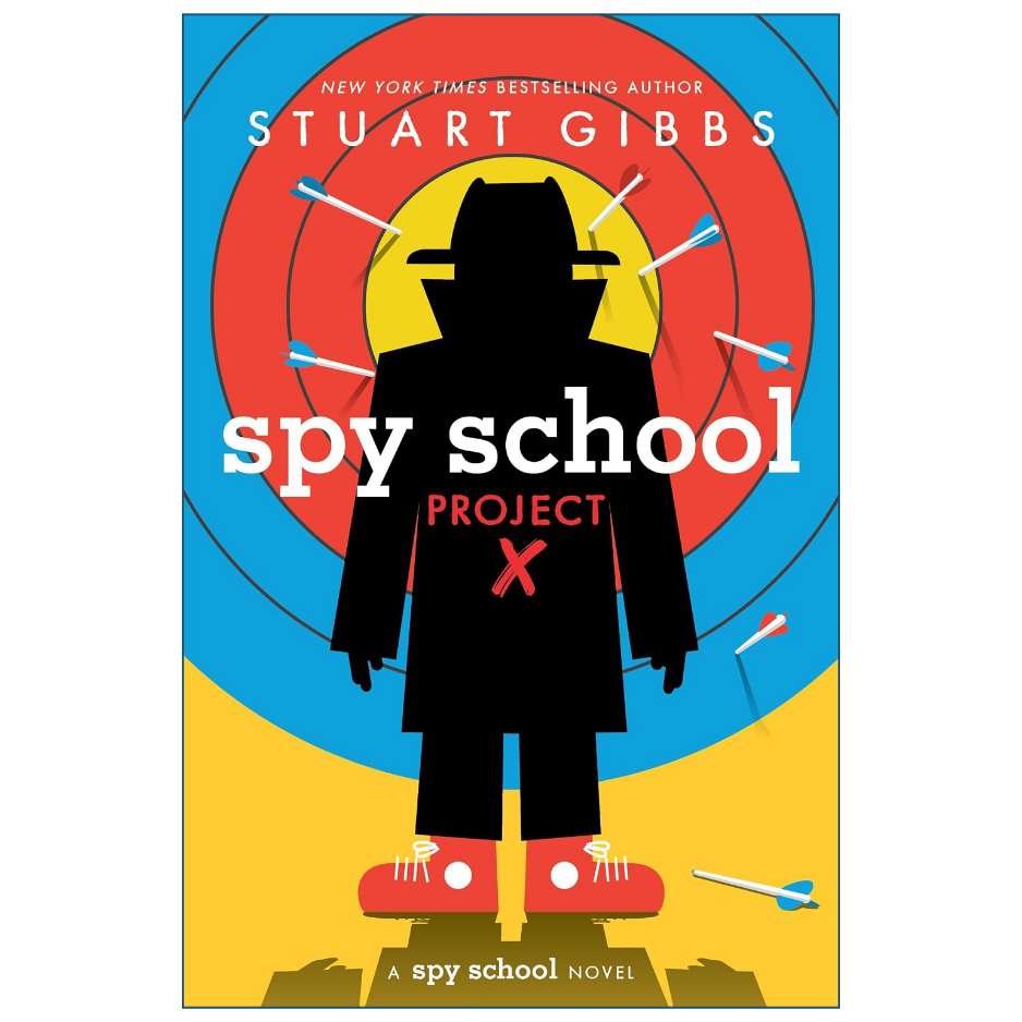 Book cover for 'spy school project X' by Stuart Gibbs, featuring a black silhouette of a child standing in front of a colorful target with red, yellow, and blue concentric circles.
