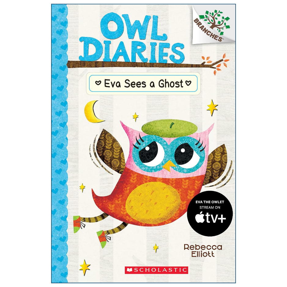 Front cover of the children's book 'Owl Diaries: Eva Sees a Ghost' by Rebecca Elliott, published by Scholastic. The cover features a colorful, whimsical illustration of an owl wearing a green beret, set against a textured off-white background with a blue patterned spine border.