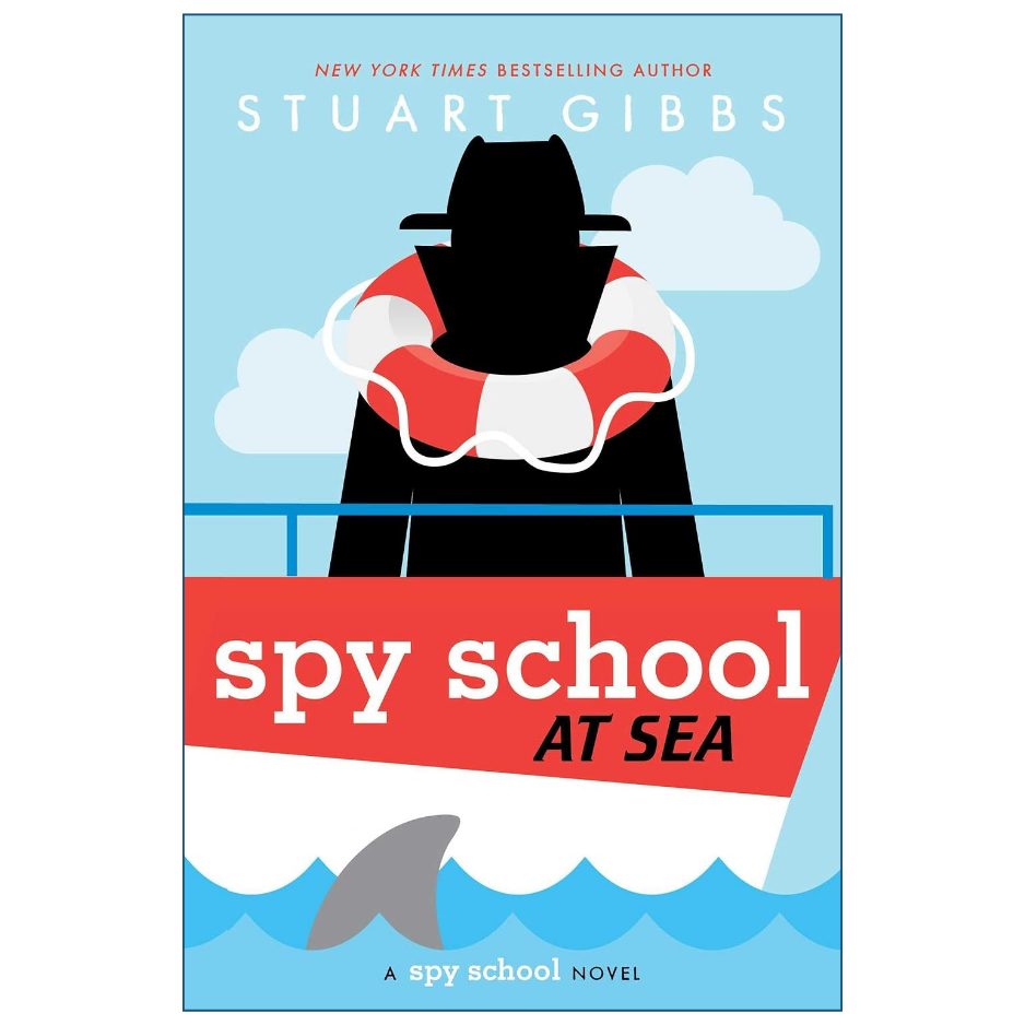 Book cover for 'spy school at sea' by Stuart Gibbs, featuring a stylized illustration of a black spy silhouette wearing a red and white life preserver against a light blue sky, with ocean waves and a shark fin below.