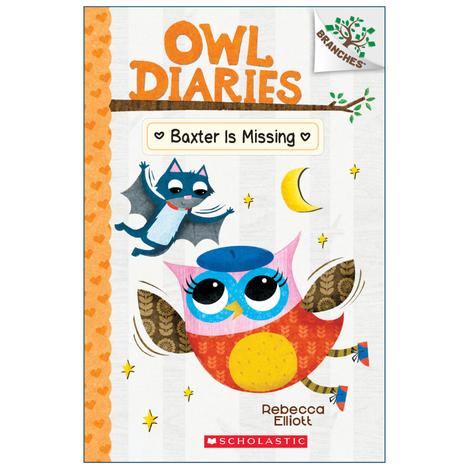 Front cover of the children's book 'Owl Diaries: Baxter Is Missing' by Rebecca Elliott, published by Scholastic. The cover features a whimsical illustration of a pink and orange owl, a blue bat, and a crescent moon on a textured white background with an orange patterned border.