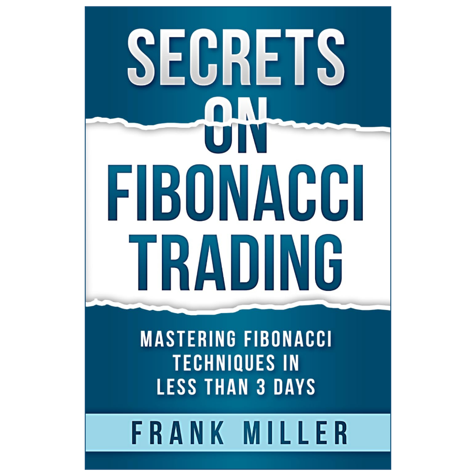Book cover for 'Secrets on Fibonacci Trading' by Frank Miller, featuring a blue and white torn-paper design with bold text.