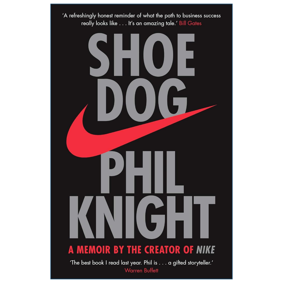 Book cover of 'Shoe Dog' by Phil Knight, featuring a black background with large gray title text, a red Nike swoosh, and red subtitle text.