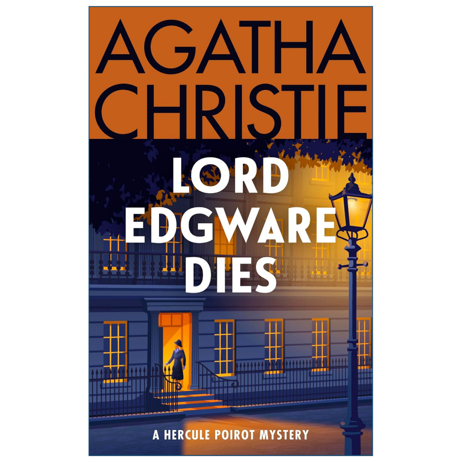 Book cover for 'Lord Edgware Dies' by Agatha Christie, featuring a dark blue illustrated London street scene with a lit lamp post and a figure at an open doorway, with the title and author name in large text.
