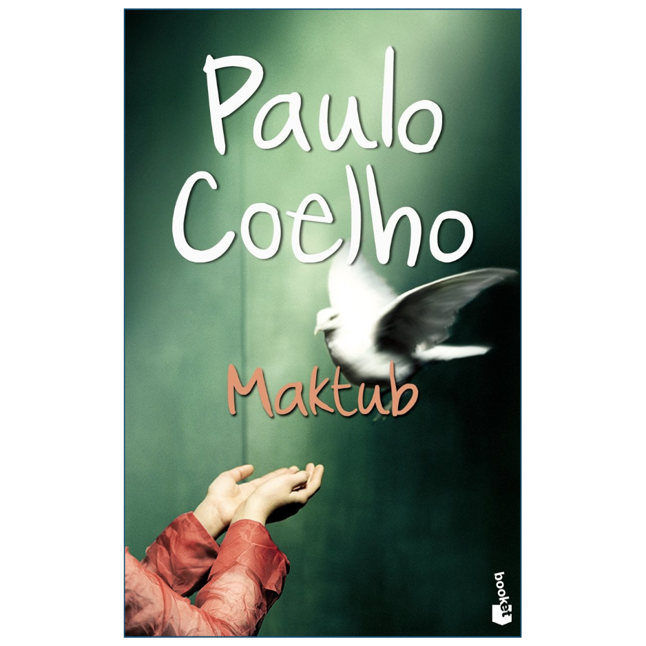 Book cover for 'Maktub' by Paulo Coelho, featuring a dark green background with the title in white and peach text, a flying white bird, and a pair of hands reaching upward. The publisher logo 'Edições 3G' is visible in the bottom right corner.