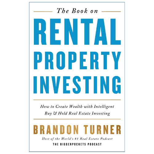 Book cover for 'The Book on Rental Property Investing' by Brandon Turner, featuring a white background with large blue title text and gold subtitle and author text.