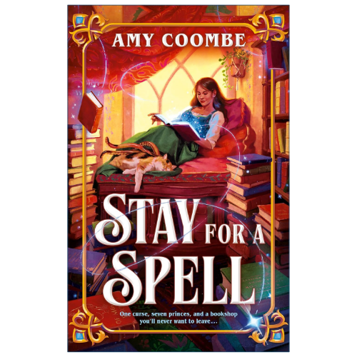 Book cover for 'Stay For A Spell' by Amy Coombe, featuring an illustration of a woman reading in a cozy room surrounded by books, with ornate gold decorative borders.