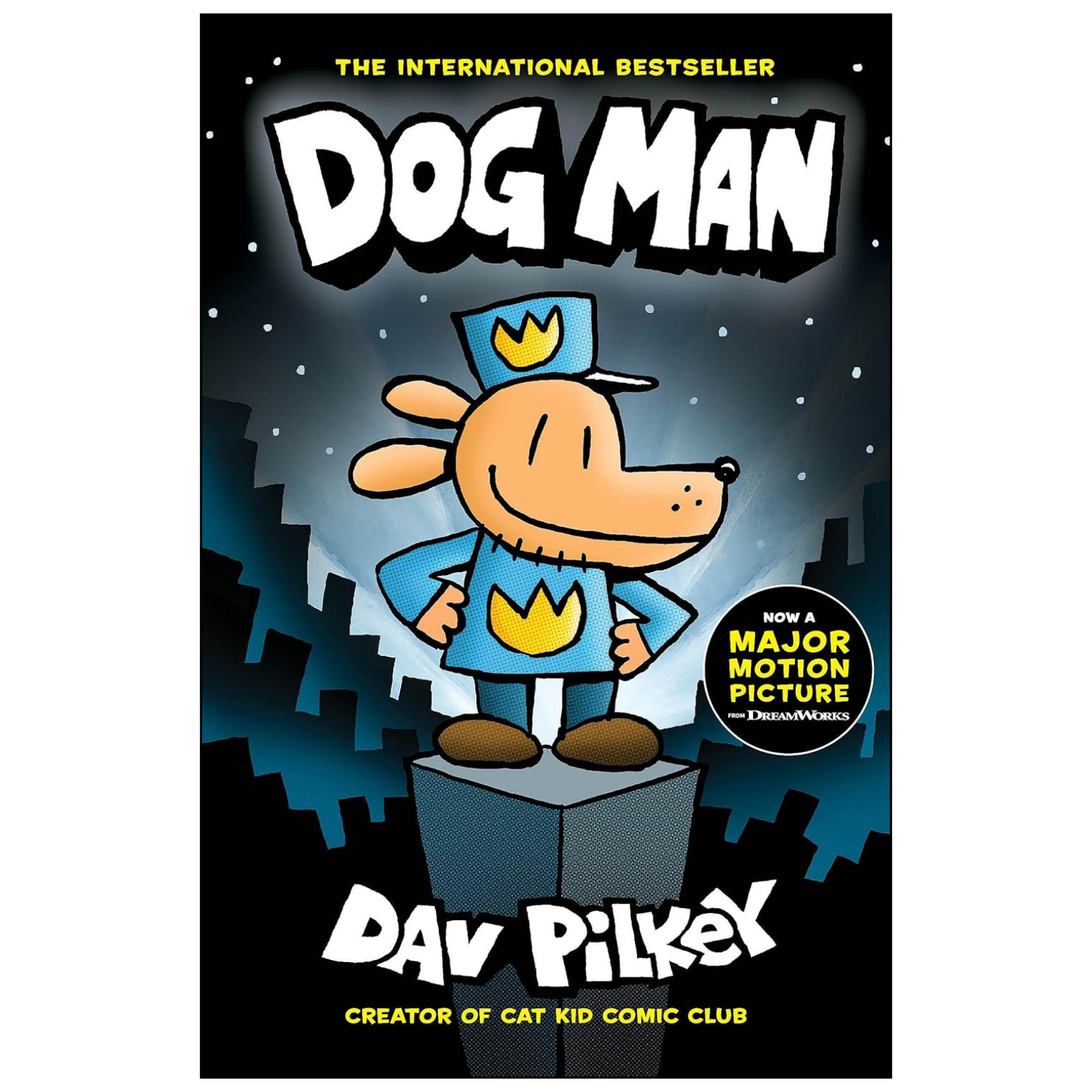 Book cover for 'Dog Man' by Dav Pilkey, featuring a cartoon dog in a superhero costume standing on a platform against a starry night sky and city skyline.