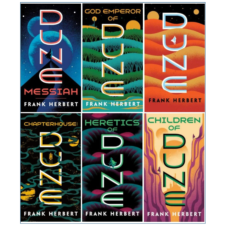 Six book covers for Frank Herbert's Dune series arranged in a 2x3 grid on a white background. The covers feature vibrant, stylized desert and space-themed artwork in orange, green, blue, and purple tones.