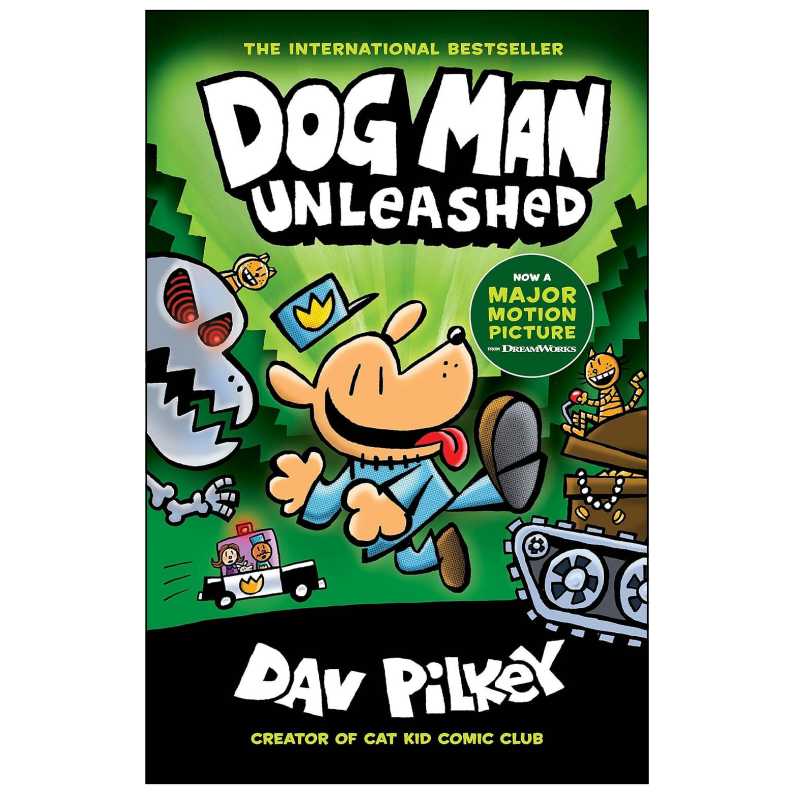 Front cover of the children's book 'Dog Man Unleashed' by Dav Pilkey, featuring a colorful cartoon illustration of the main character on a green and black background.