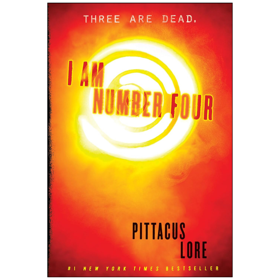 Book cover for 'I Am Number Four' by Pittacus Lore, featuring a fiery red and orange background with a bright yellow-white spiral graphic and black title text.