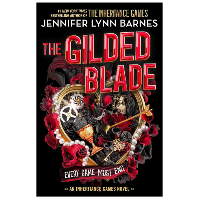 Book cover for The Gilded Blade by Jennifer Lynn Barnes, featuring large red title text over a black background with roses, pearls, a mirror, and a dagger illustration.