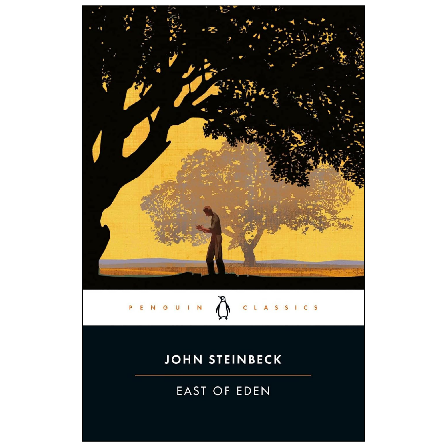 Book cover for 'East of Eden' by John Steinbeck, published by Penguin Classics. The cover features a stylized illustration of a person standing under a large tree against a golden-yellow sky, with a dark navy blue lower section containing the title and author name in white text.