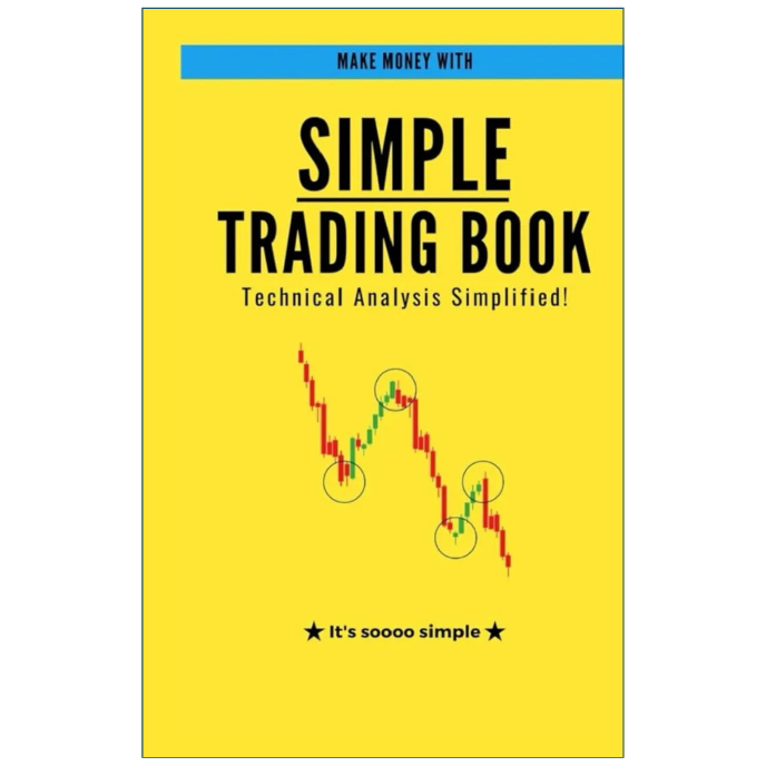 The front cover of the book 'Simple Trading Book: Technical Analysis Simplified!' on a white background. The cover is bright yellow with black text, a blue banner at the top, and a red and green candlestick chart graphic in the center.