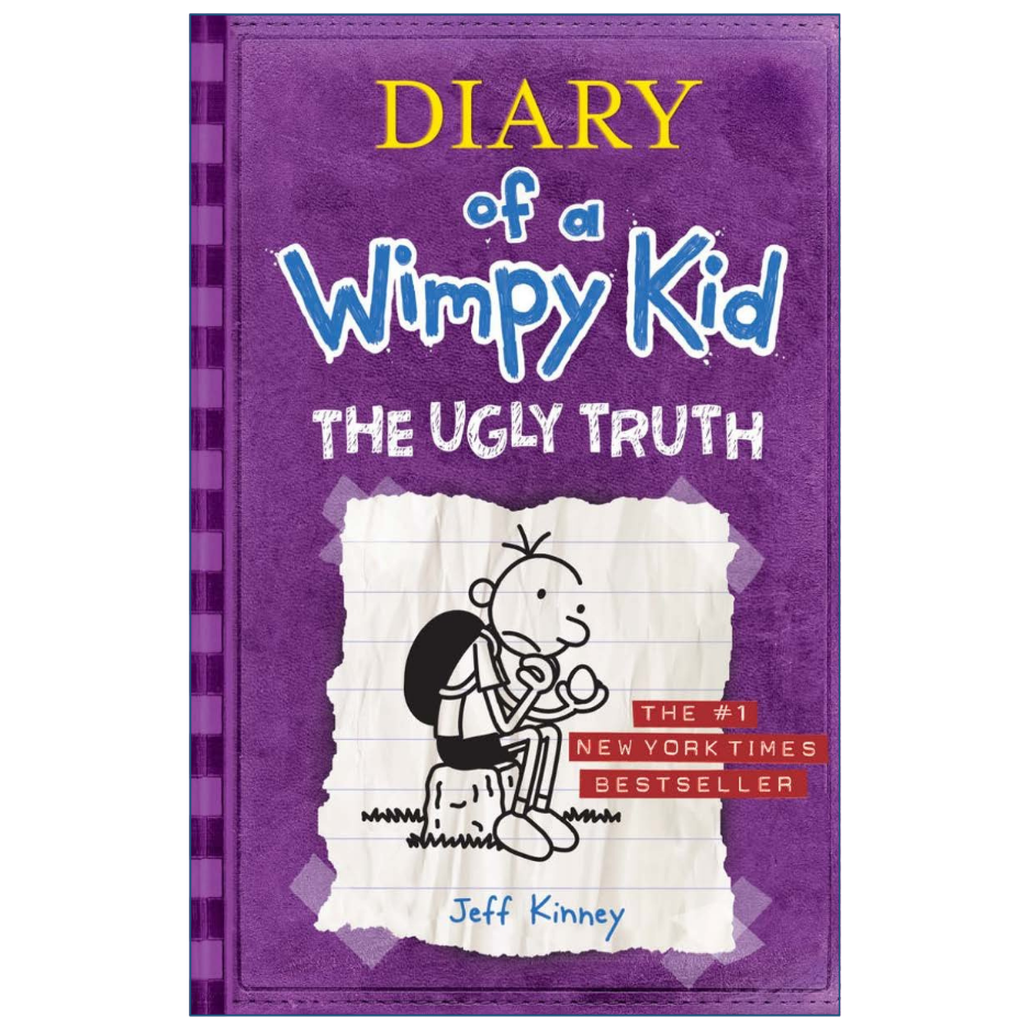 The front cover of the book 'Diary of a Wimpy Kid: The Ugly Truth' by Jeff Kinney. The cover is predominantly purple with a textured finish, featuring the title in stylized yellow and blue lettering, a white torn-paper graphic with a cartoon drawing of a boy with a backpack, and a red 'New York Times Bestseller' badge.