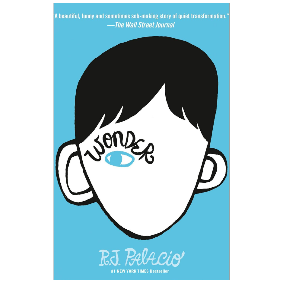Book cover for 'Wonder' by R.J. Palacio, featuring a minimalist illustration of a boy's face on a bright blue background.