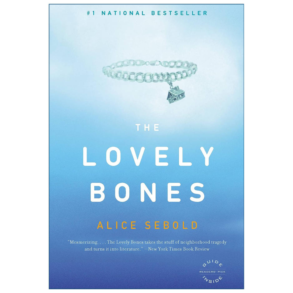 Book cover of 'The Lovely Bones' by Alice Sebold, featuring a light blue to dark blue gradient background with a silver bracelet illustration at the top and white and yellow text.