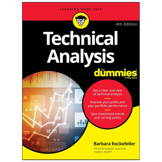 Front cover of the book 'Technical Analysis for Dummies' 4th Edition by Barbara Rockefeller, featuring a black background with a red top banner, yellow accents, white title text, and a circular financial chart graphic.